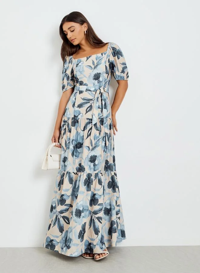 Styli Women Floral Print Puff Sleeve Maxi Dress